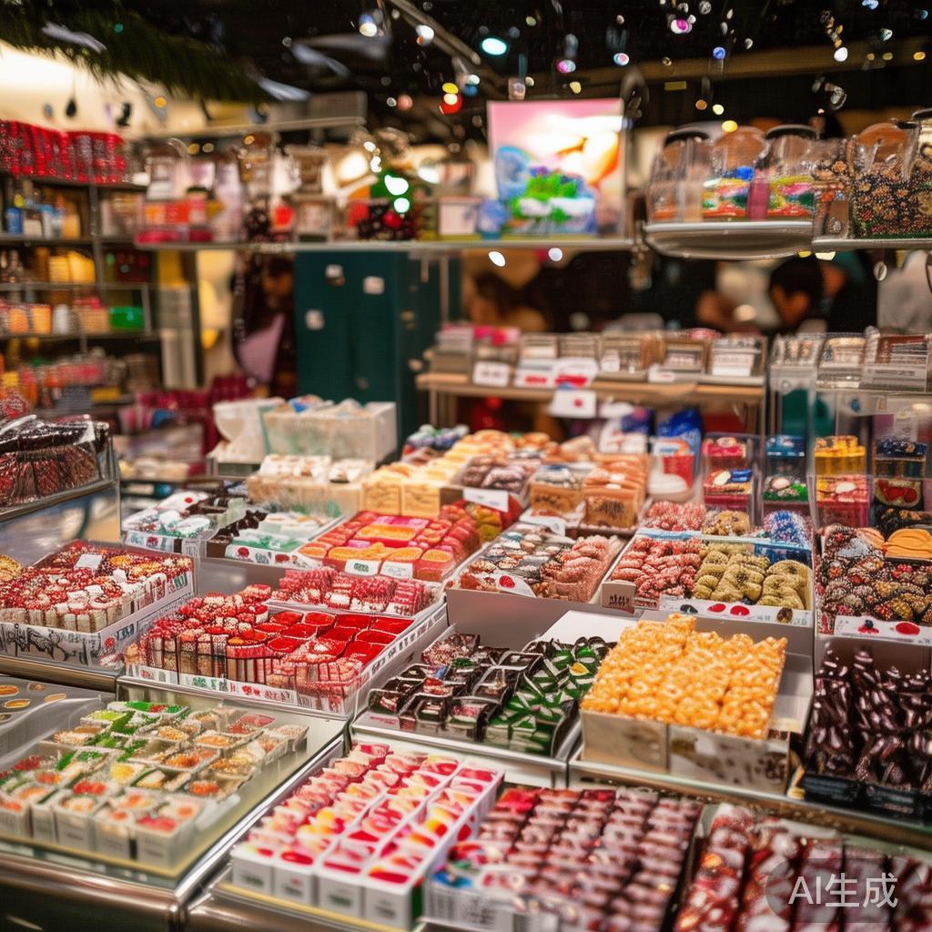 派对现场设有丰富多样的糖果展销区域，不同风味、不同